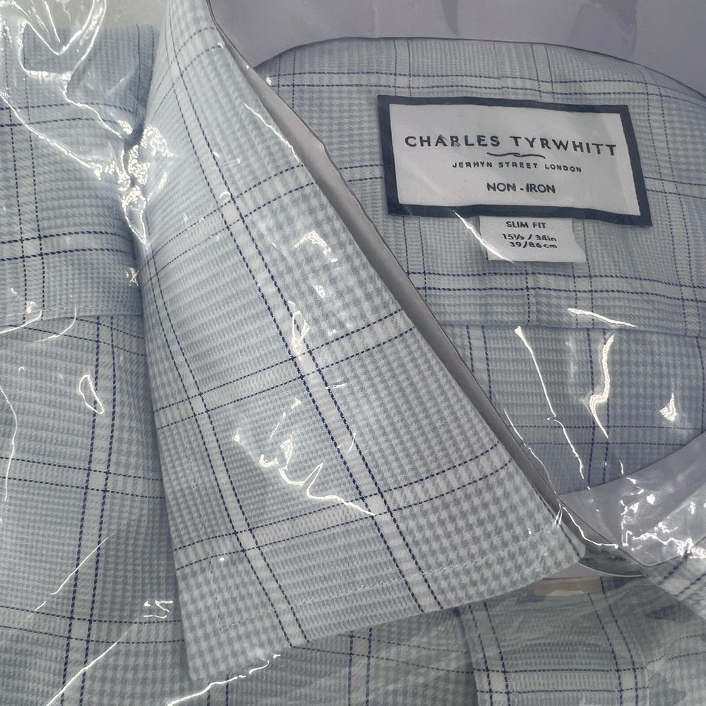 Charles tyrwhitt light blue pow check no-iron twill slim fit shirt 15.5/34in - Picture 3 of 11